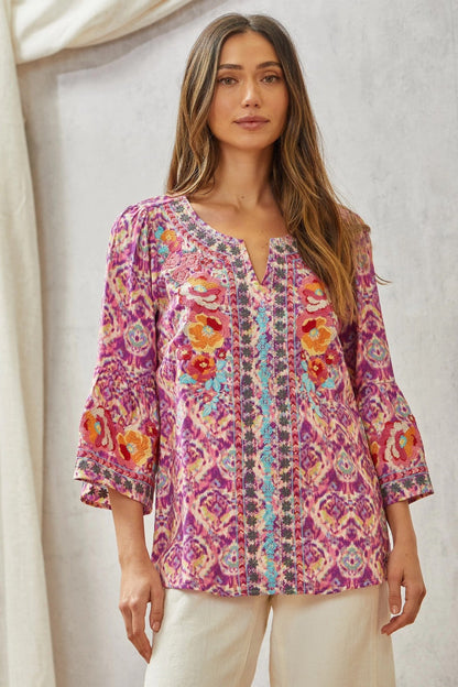 Print Embroidery Tunic Top