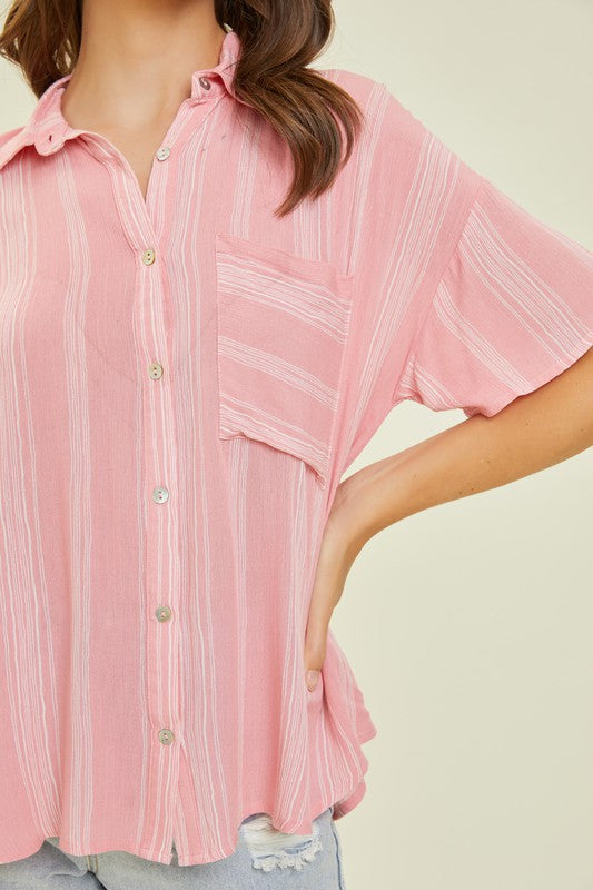 Light Airy Stripe Gauze Button Down Shirt in Pink