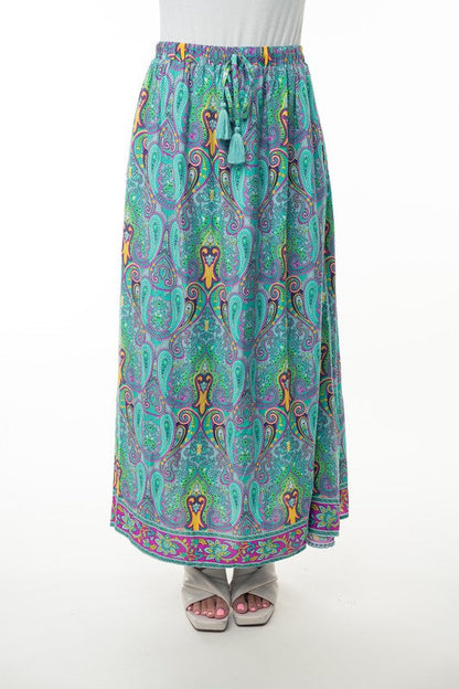 Printed Elastic Waist Band Long Skirt with Tassels in Mint Combo