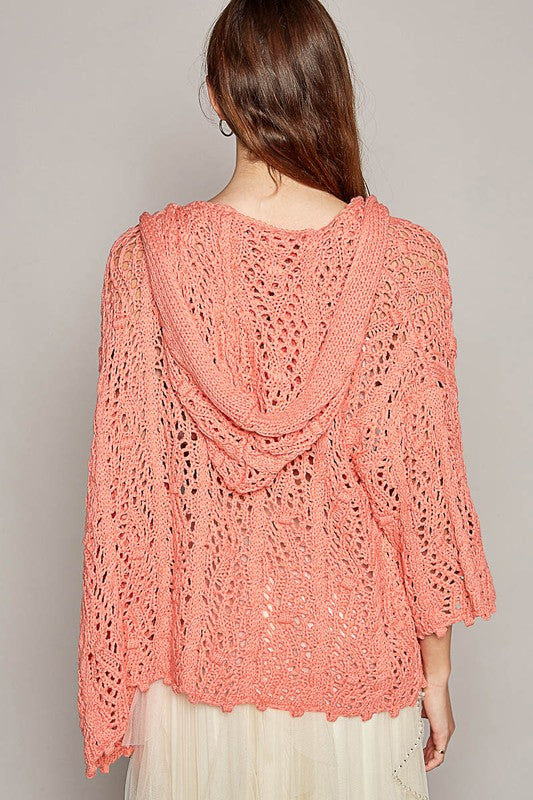 Open Weaving Long Sleeve Hoodie Sweater Cardigan in Coral