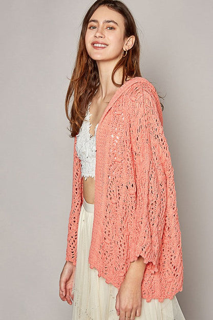 Open Weaving Long Sleeve Hoodie Sweater Cardigan in Coral