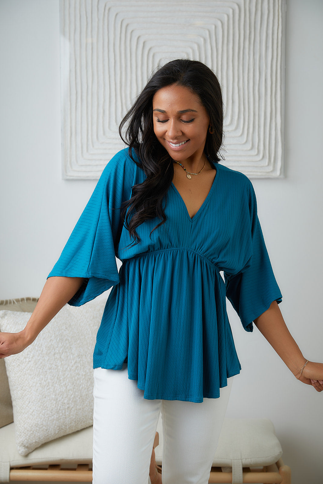 Storied Moments Draped Peplum Top in Teal