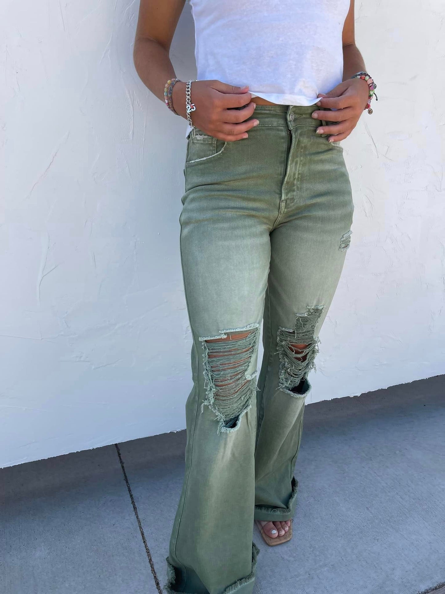 PREORDER: Blakeley Distressed Jeans In Olive and Camel Tall Inseam