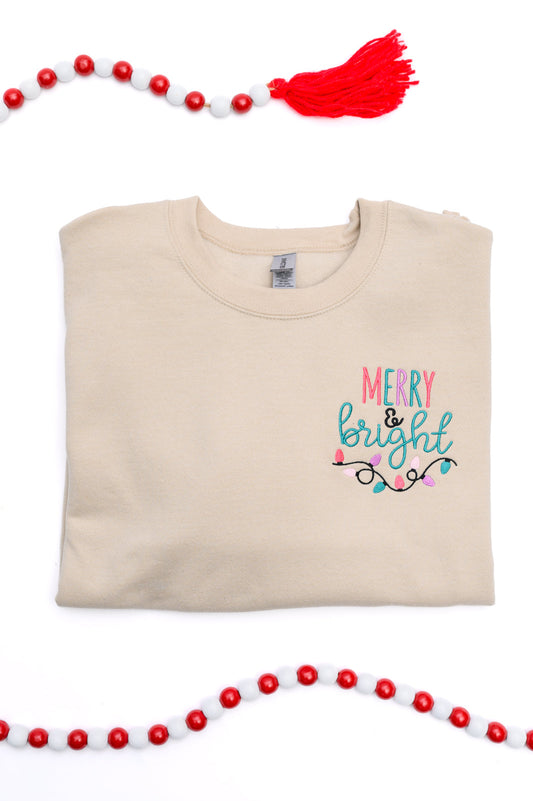 PREORDER: Merry & Bright Embroidered Sweatshirt in Sand