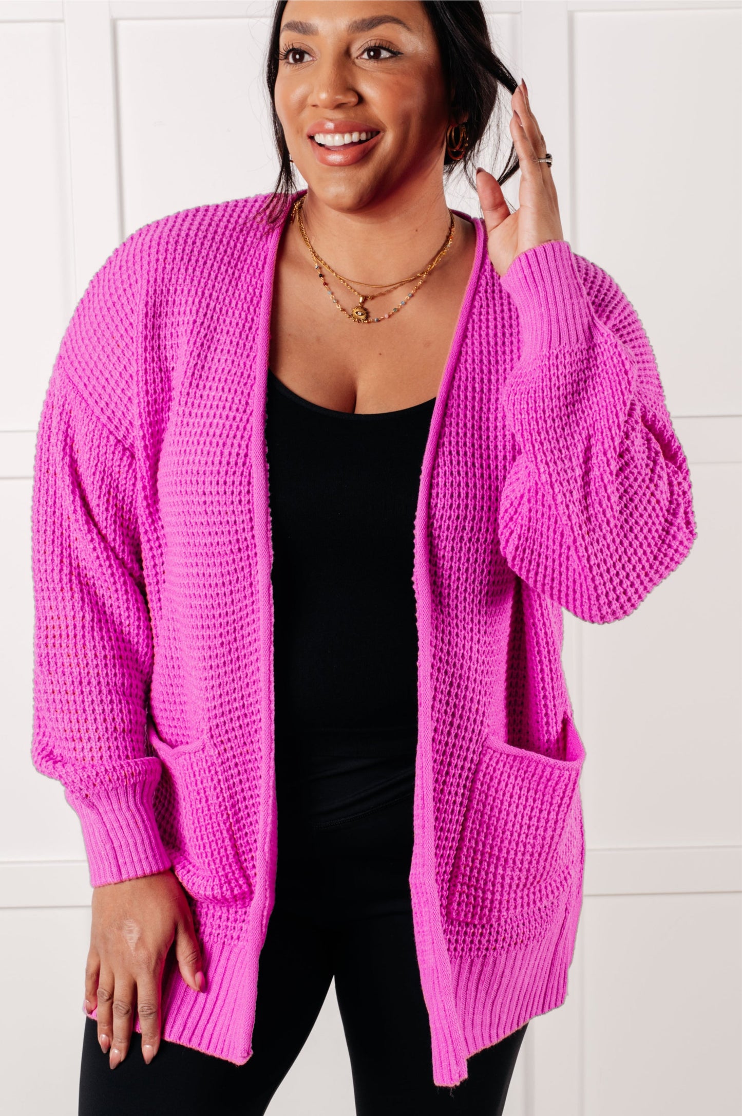 Everything Layer Waffle Knit Open Front Cardigan in Bright Mauve