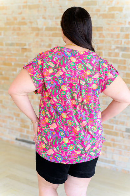 Lizzy Cap Sleeve Top in Fuchsia and Green Floral Paisley