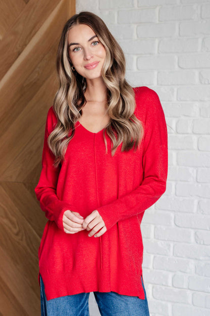 V-Neck Front Seam Sweater in Heather Red