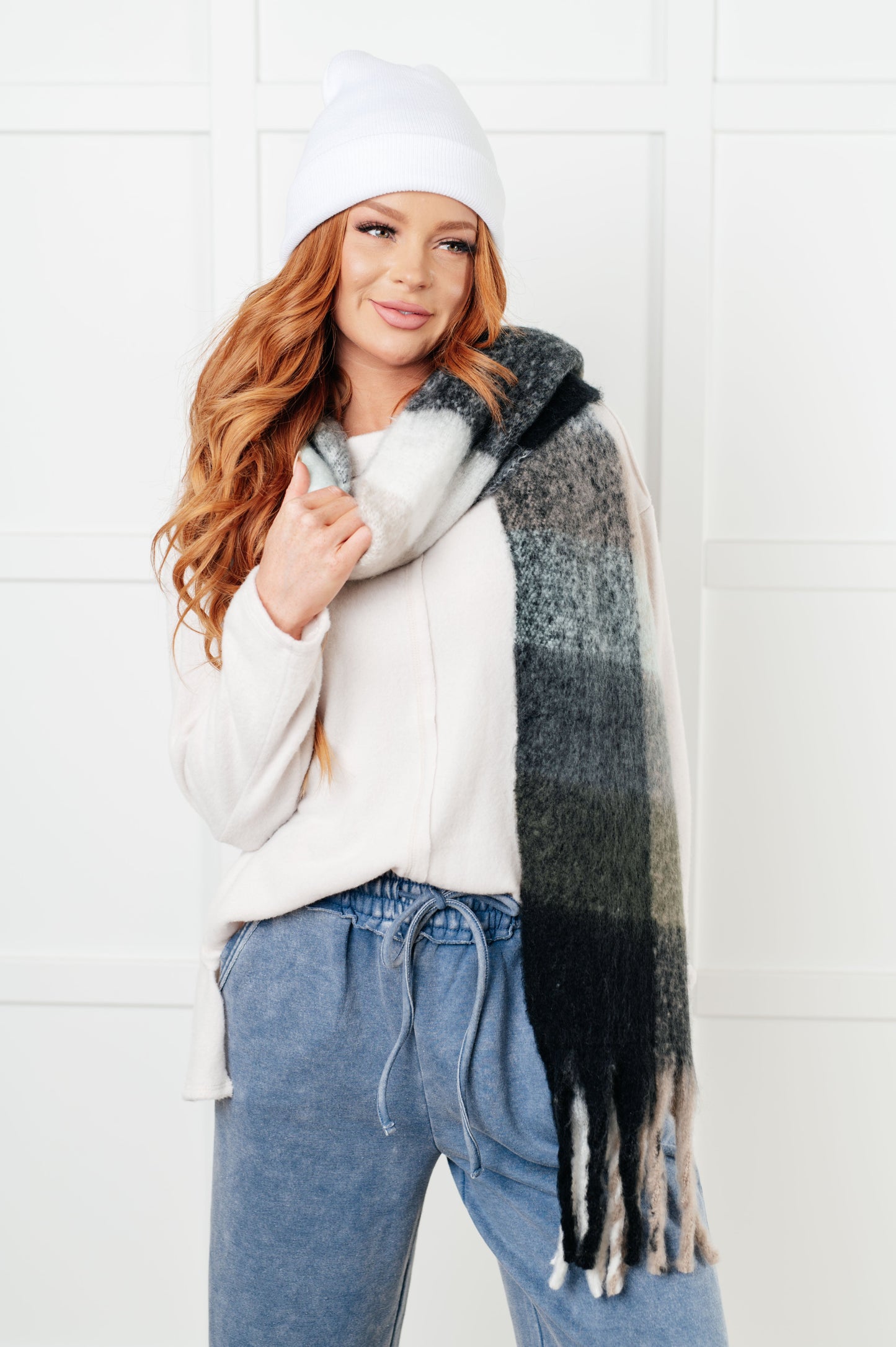 Wanderlust Wrap Oversized Plaid Fringe Scarf in Grey and Jade