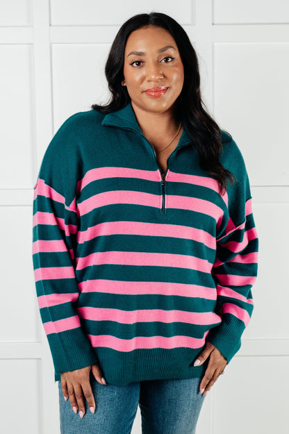 Well Situated Striped Quarter Zip Sweater in Green and Pink