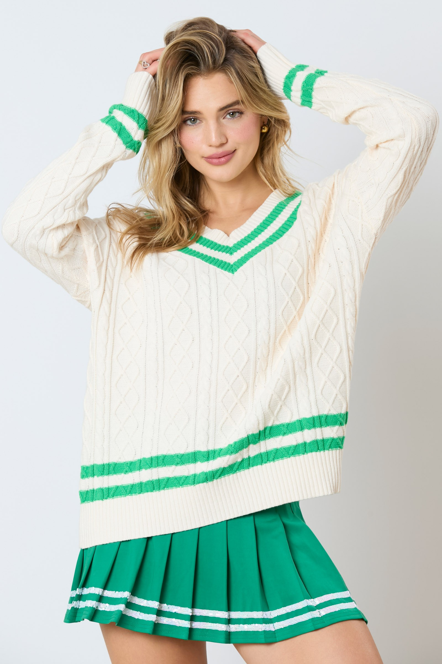 Varsity V-Neck Cable Sweater